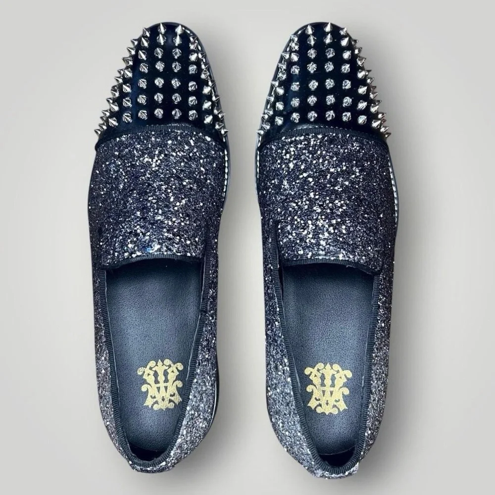 Men's Black Glitter & Studded Slip-On Loafers